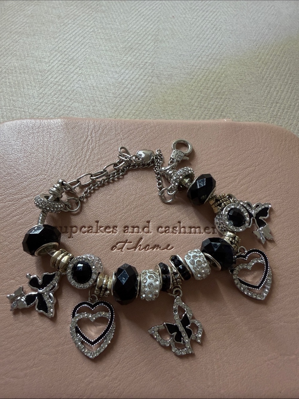 Stainless Silver-tone Black Bead Heart & Butterfly Charm Bracelet - Picture 10 of 10